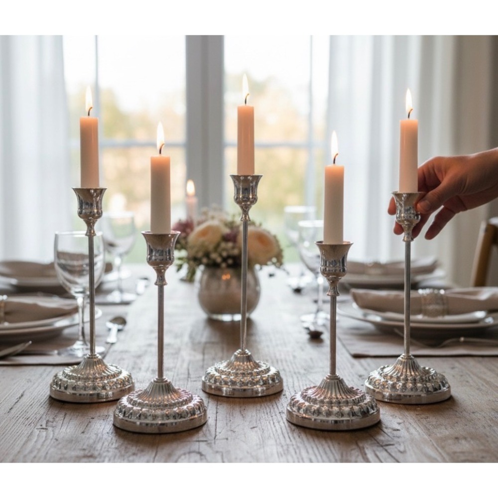 Vtg Style Silver Tone Metal Candlestick Holders Set of 5 Taper Stands Aluminum